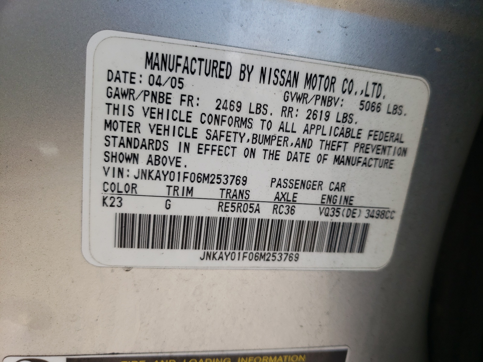 JNKAY01F06M253769 2006 Infiniti M35 Base