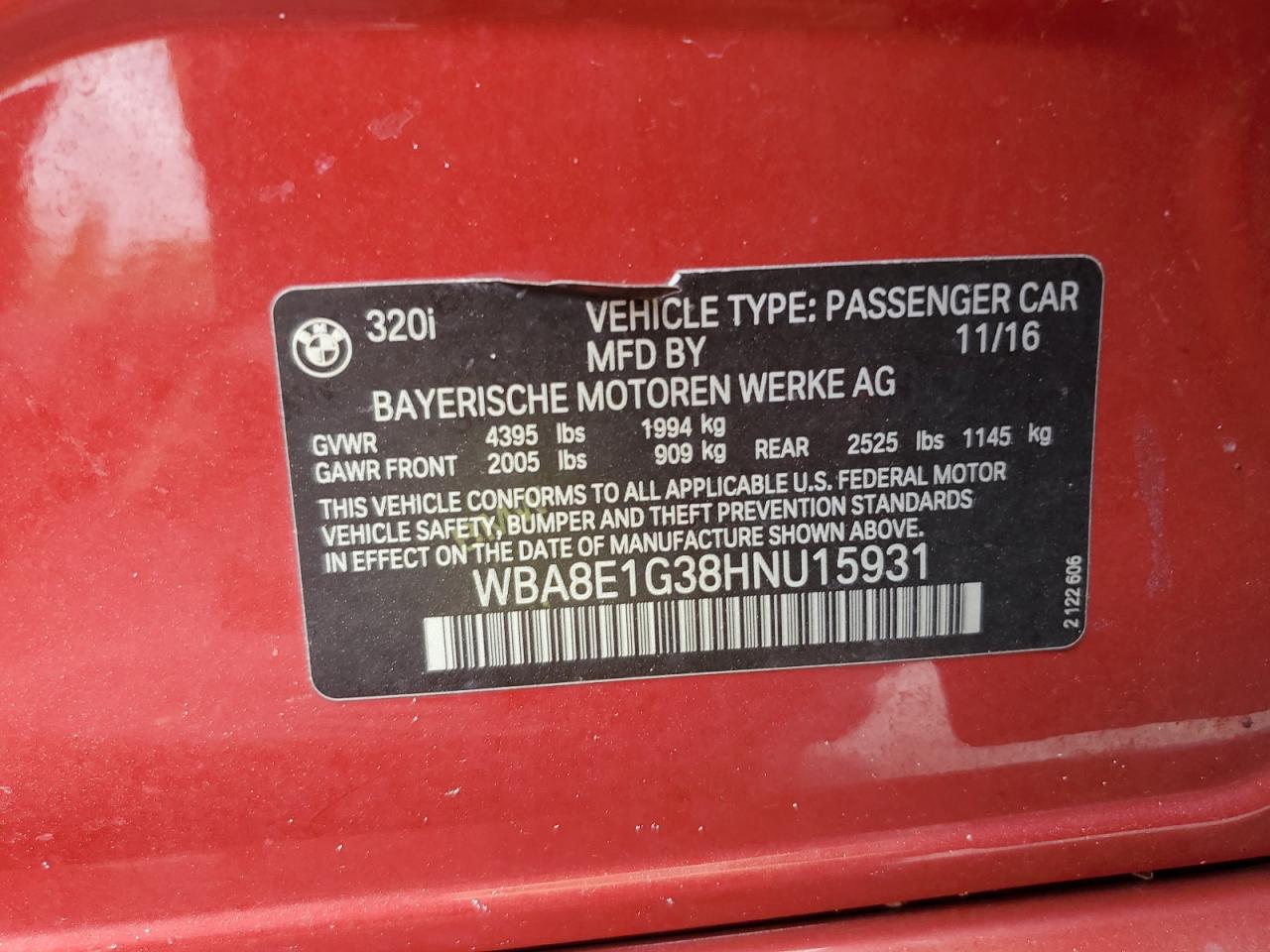 2017 BMW 320 I VIN: WBA8E1G38HNU15931 Lot: 61686174