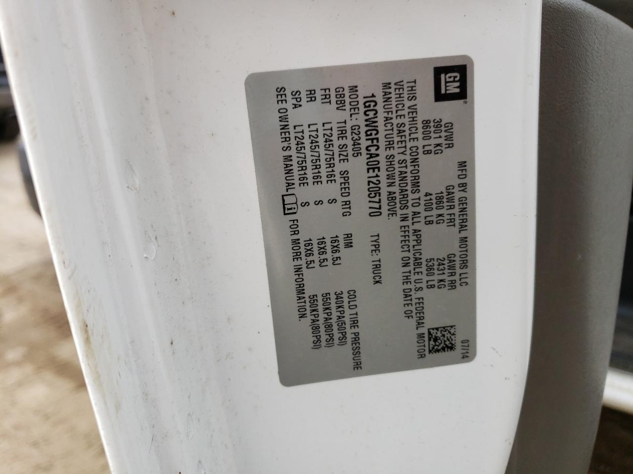 2014 Chevrolet Express G2500 VIN: 1GCWGFCA0E1205770 Lot: 64451004