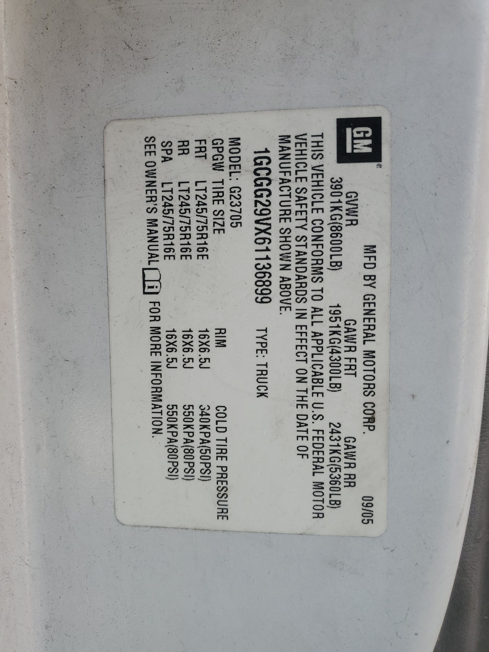 1GCGG29VX61136899 2006 Chevrolet Express G2500