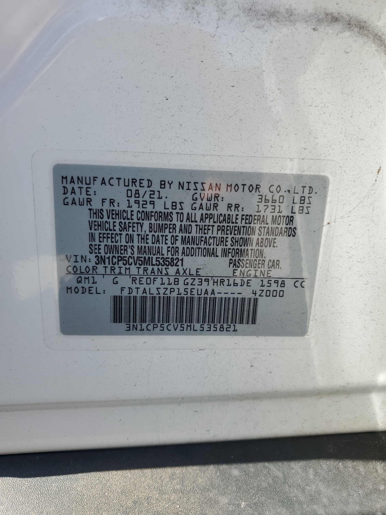 3N1CP5CV5ML535821 2021 Nissan Kicks Sv