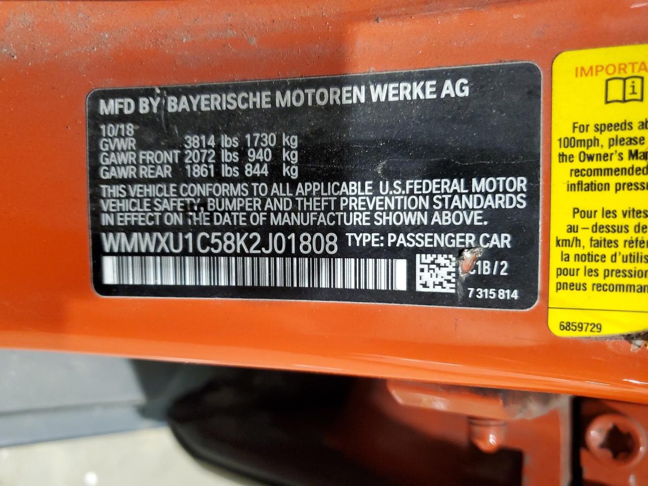 2019 Mini Cooper VIN: WMWXU1C58K2J01808 Lot: 63281894