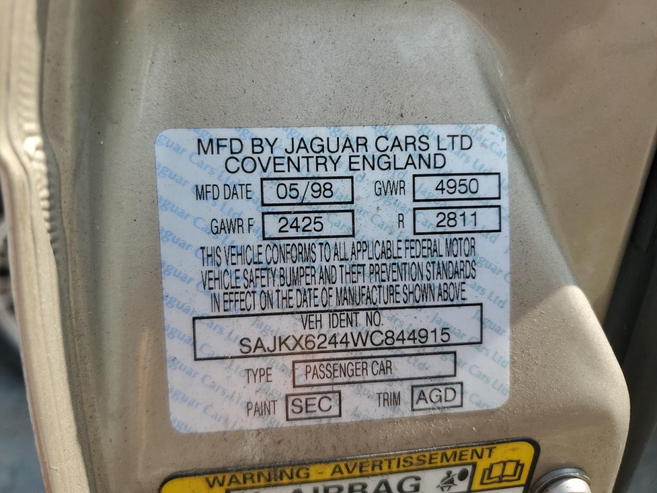 1998 Jaguar Vandenplas VIN: SAJKX6244WC844915 Lot: 65195504