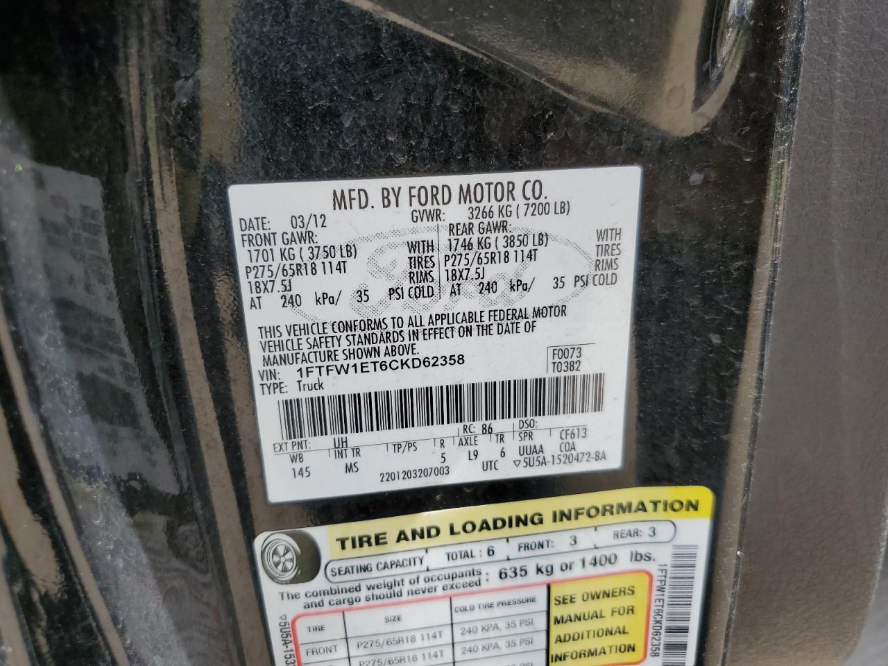 2012 Ford F150 Supercrew VIN: 1FTFW1ET6CKD62358 Lot: 63187964