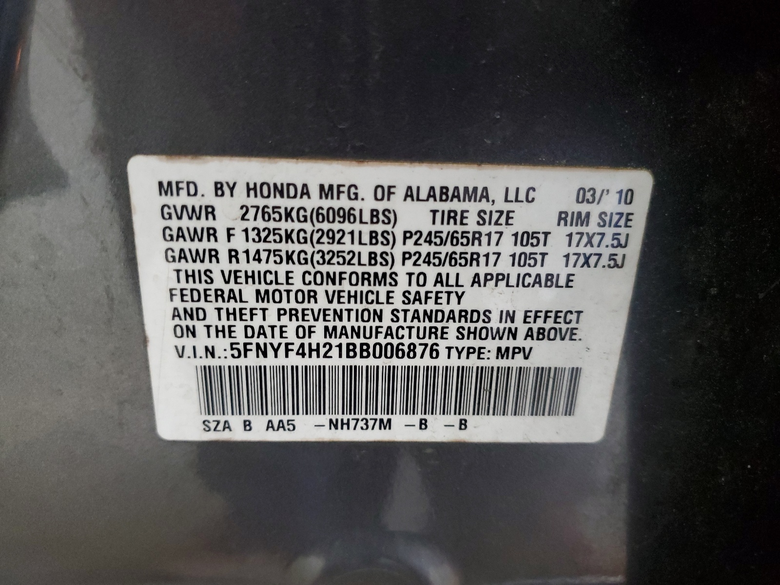 5FNYF4H21BB006876 2011 Honda Pilot Lx