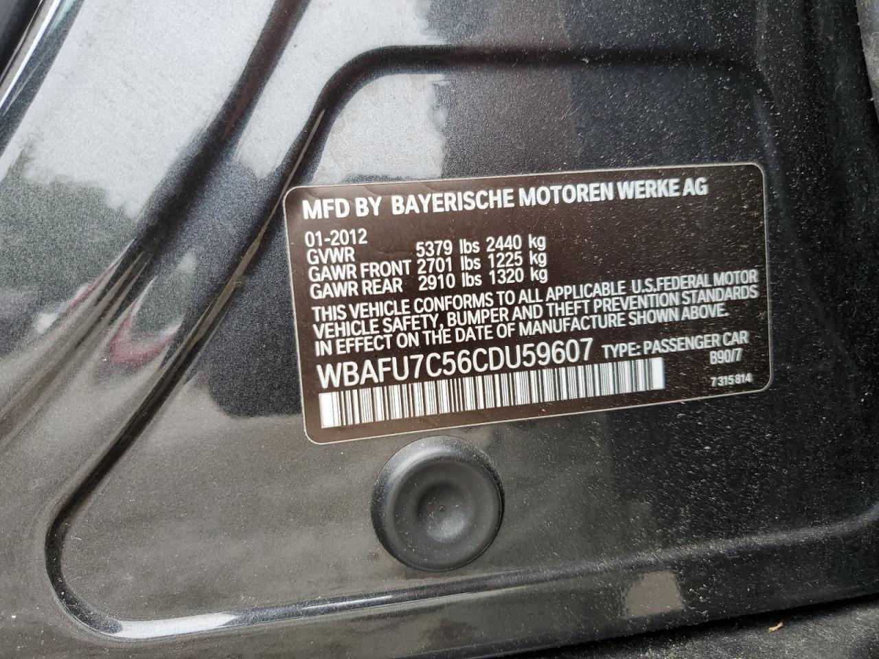 2012 BMW 535 Xi VIN: WBAFU7C56CDU59607 Lot: 63783204