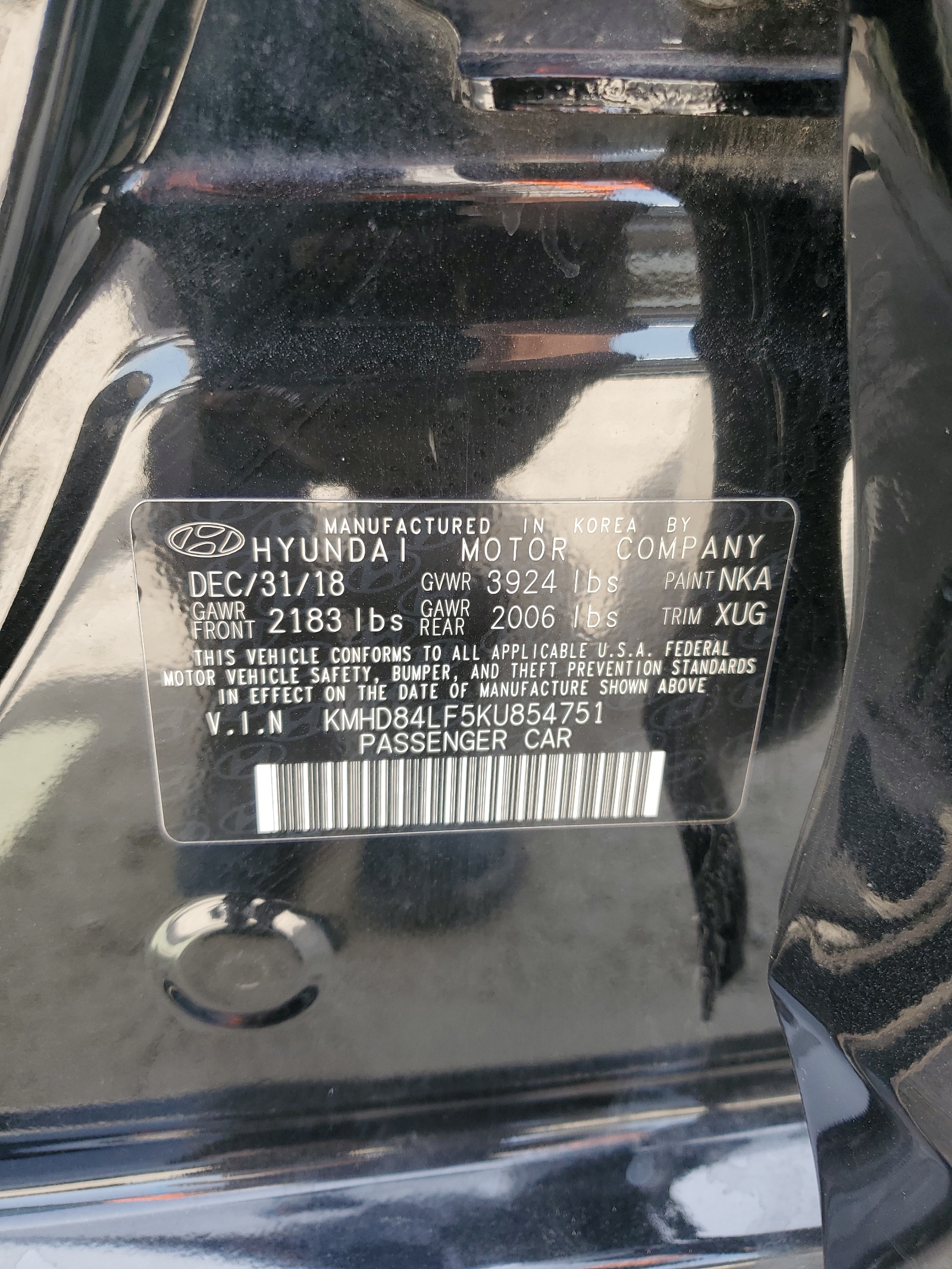 2019 Hyundai Elantra Sel vin: KMHD84LF5KU854751