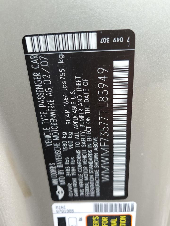 2007 Mini Cooper S VIN: WMWMF73577TL85949 Lot: 62397424