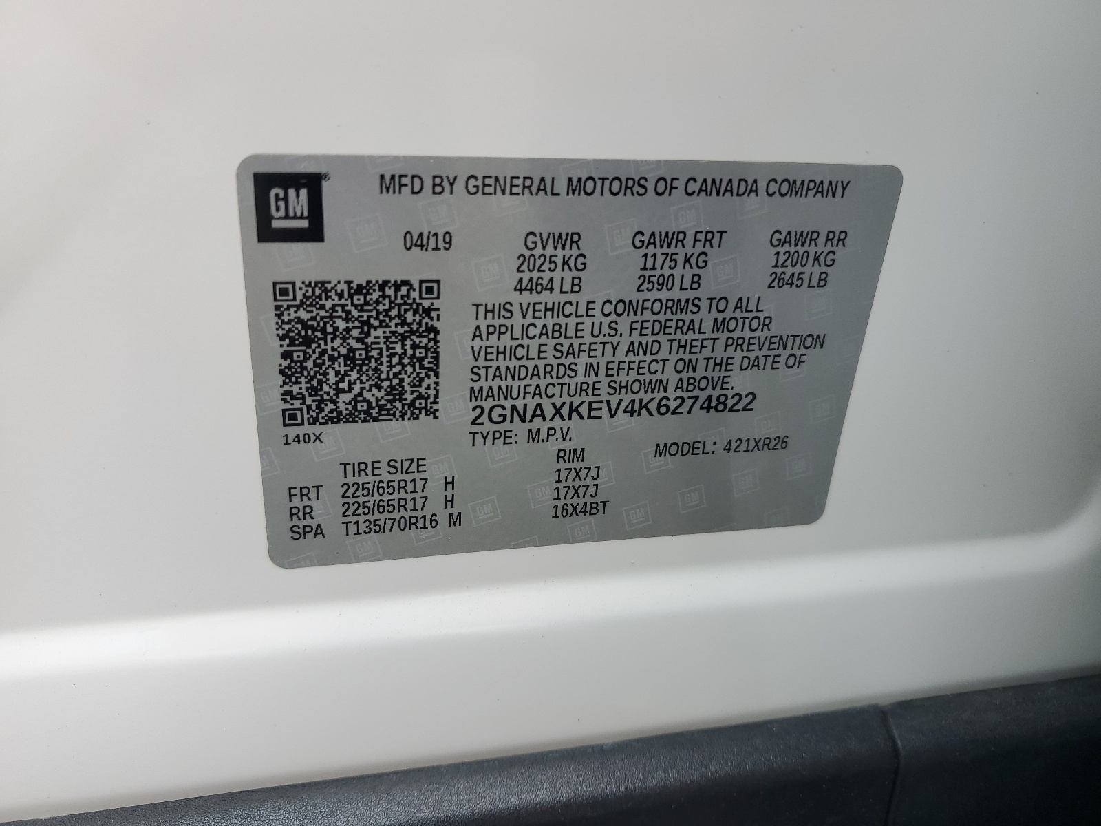 2GNAXKEV4K6274822 2019 Chevrolet Equinox Lt