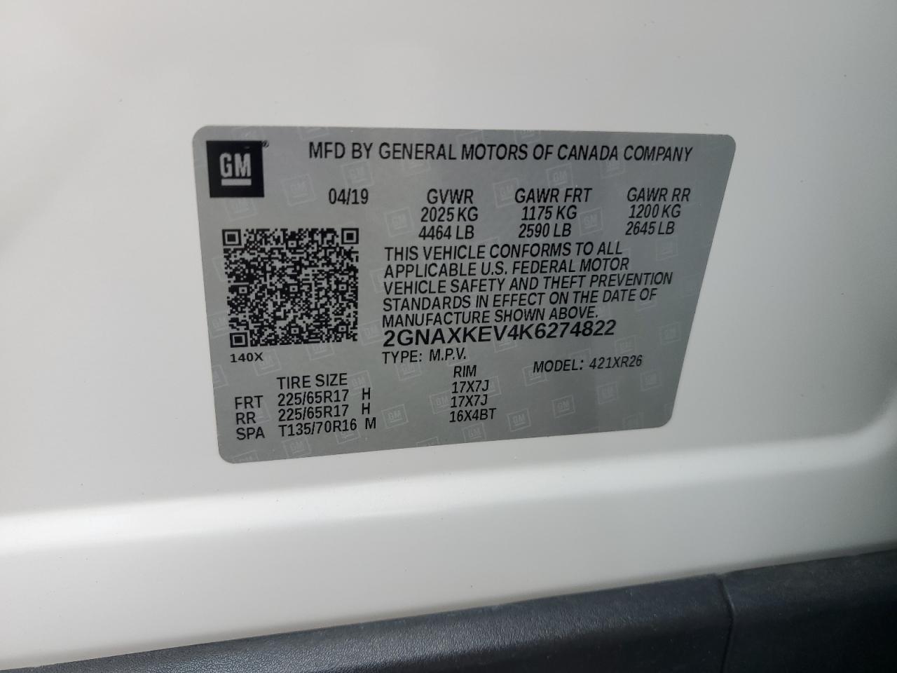 2019 Chevrolet Equinox Lt VIN: 2GNAXKEV4K6274822 Lot: 63121884