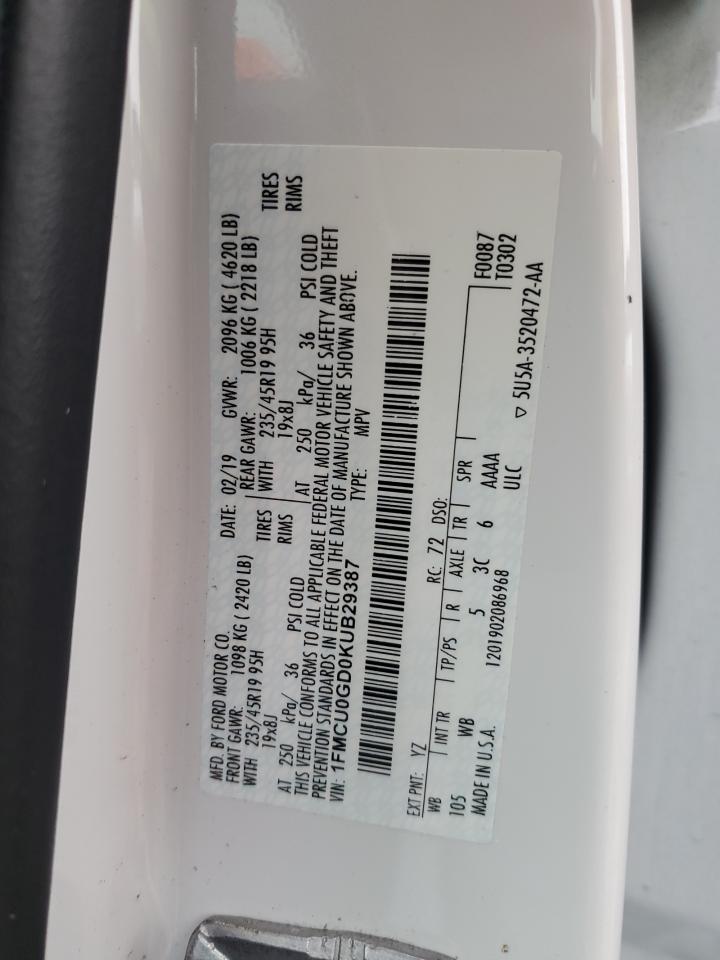 2019 Ford Escape Se VIN: 1FMCU0GD0KUB29387 Lot: 64954204