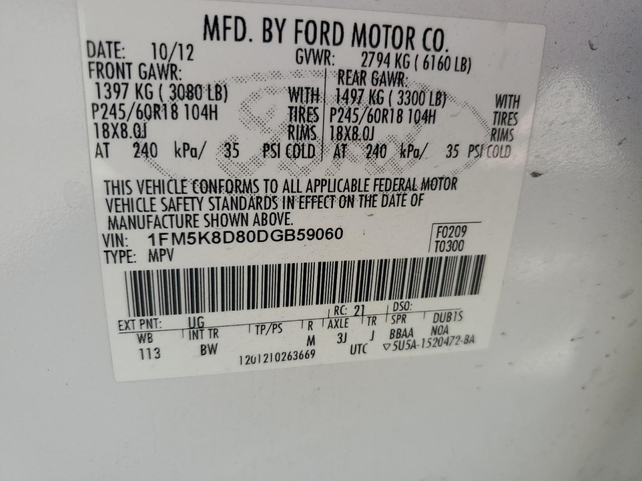 2013 Ford Explorer Xlt VIN: 1FM5K8D80DGB59060 Lot: 62051804
