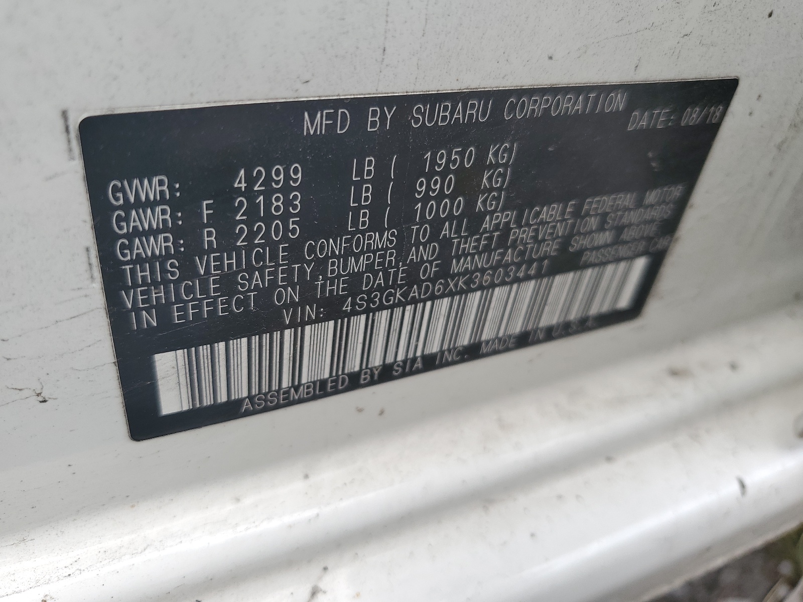 4S3GKAD6XK3603441 2019 Subaru Impreza Premium