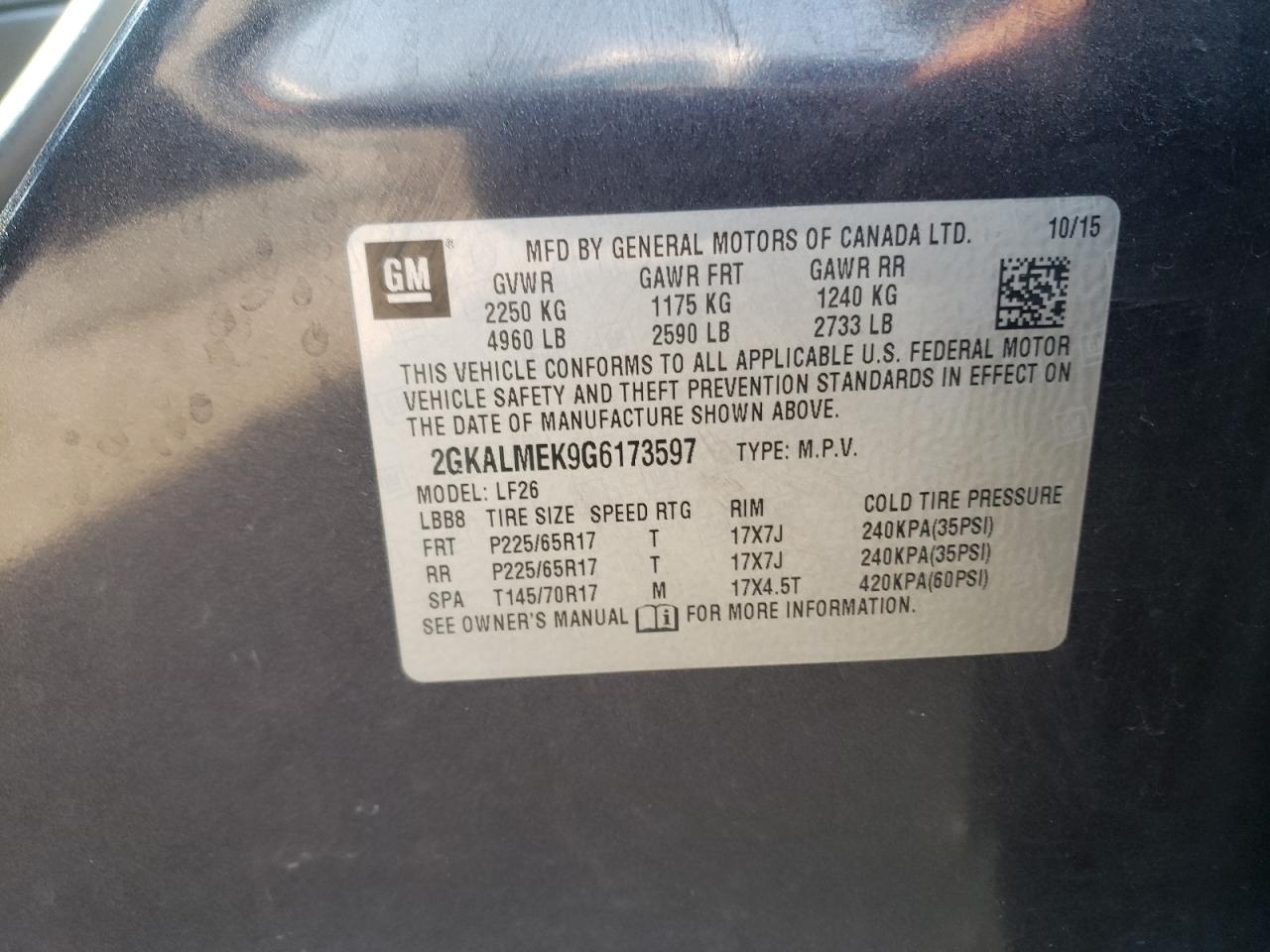 2GKALMEK9G6173597 2016 GMC Terrain Sle