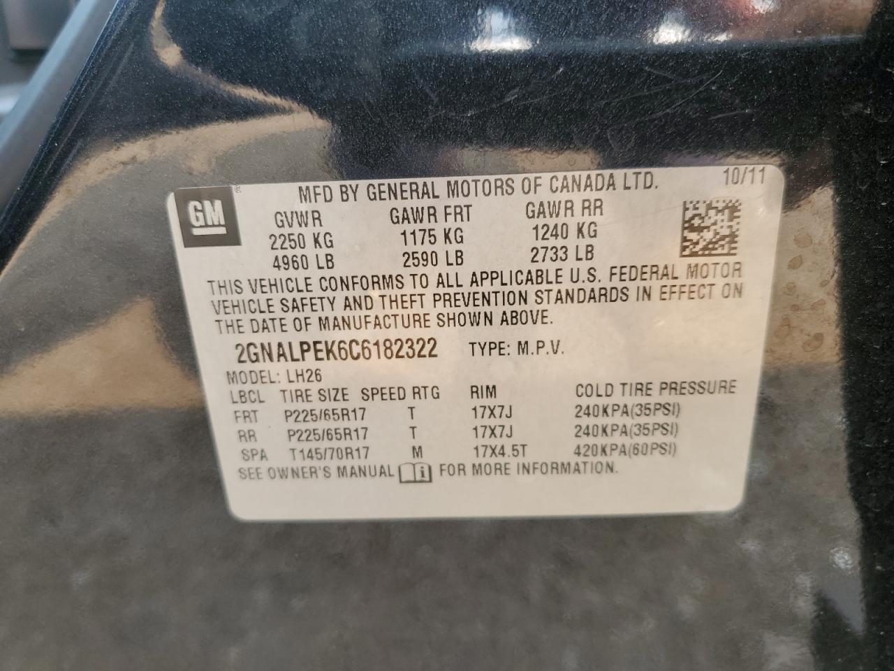 2012 Chevrolet Equinox Lt VIN: 2GNALPEK6C6182322 Lot: 63631694