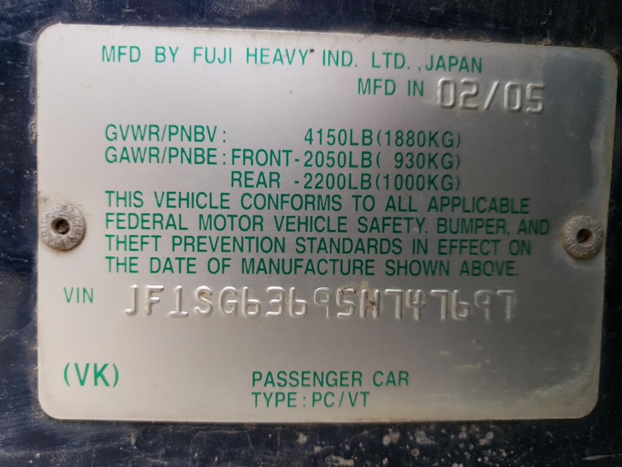 2005 Subaru Forester 2.5X VIN: JF1SG63695H747697 Lot: 60414974