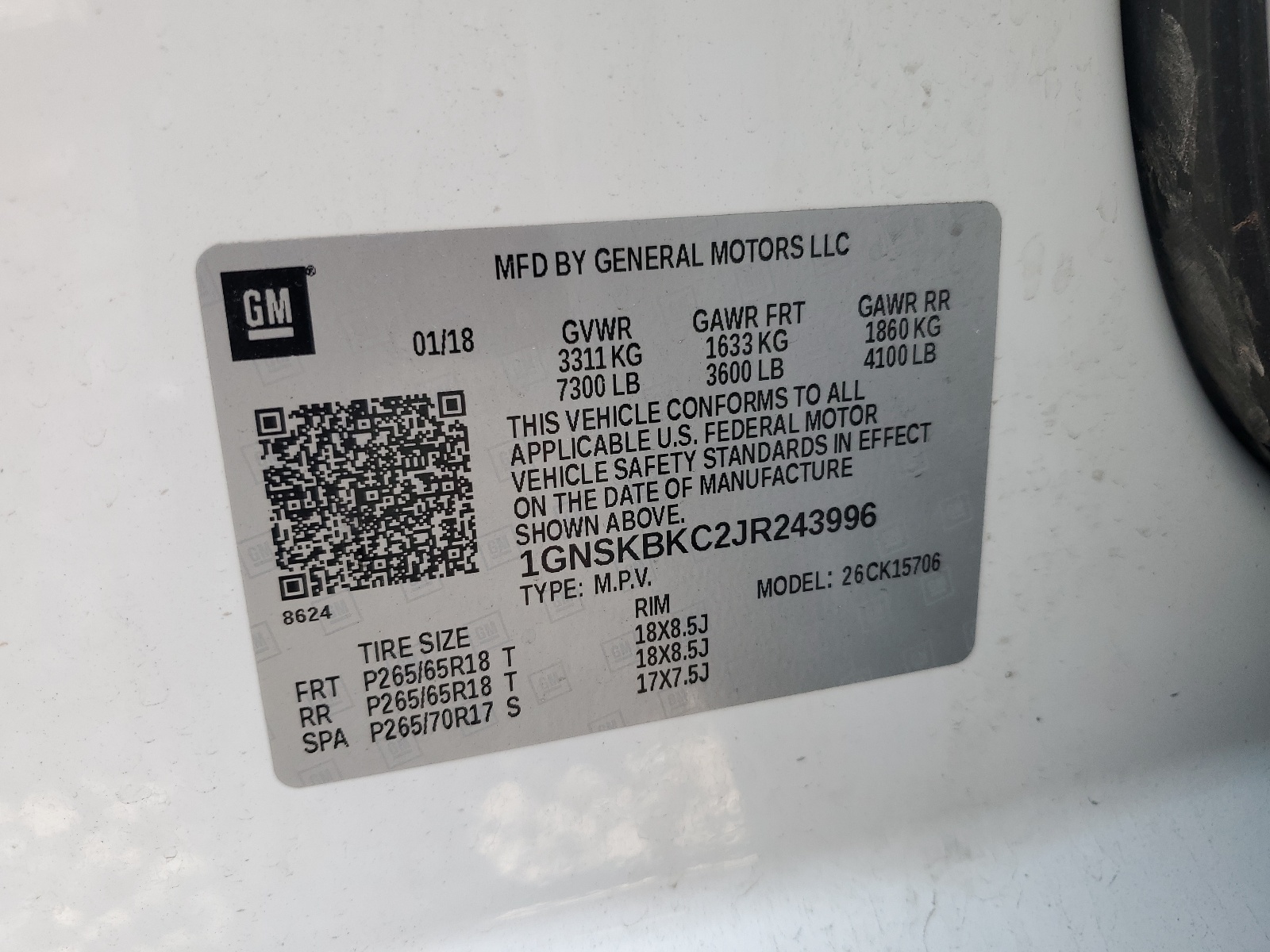 1GNSKBKC2JR243996 2018 Chevrolet Tahoe K1500 Lt