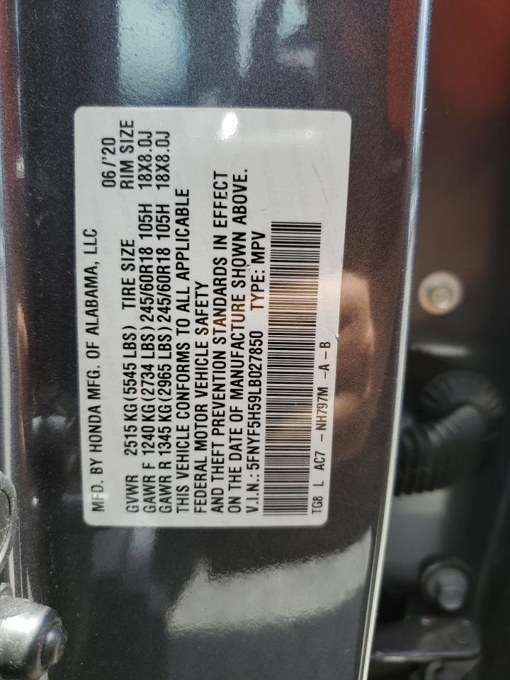 2020 Honda Pilot Exl VIN: 5FNYF5H59LB027850 Lot: 64087264
