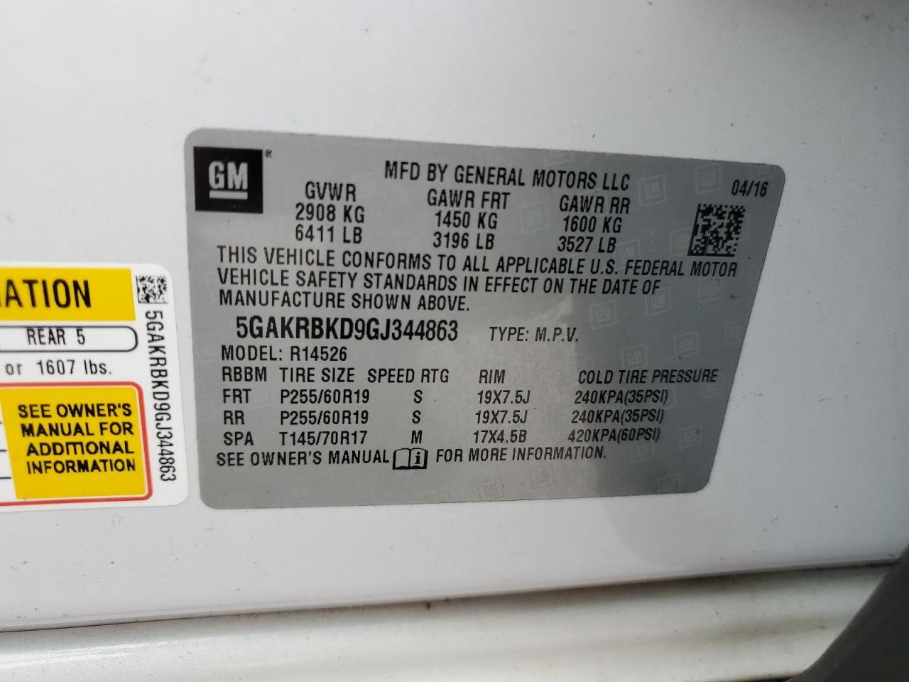 2016 Buick Enclave VIN: 5GAKRBKD9GJ344863 Lot: 62605954