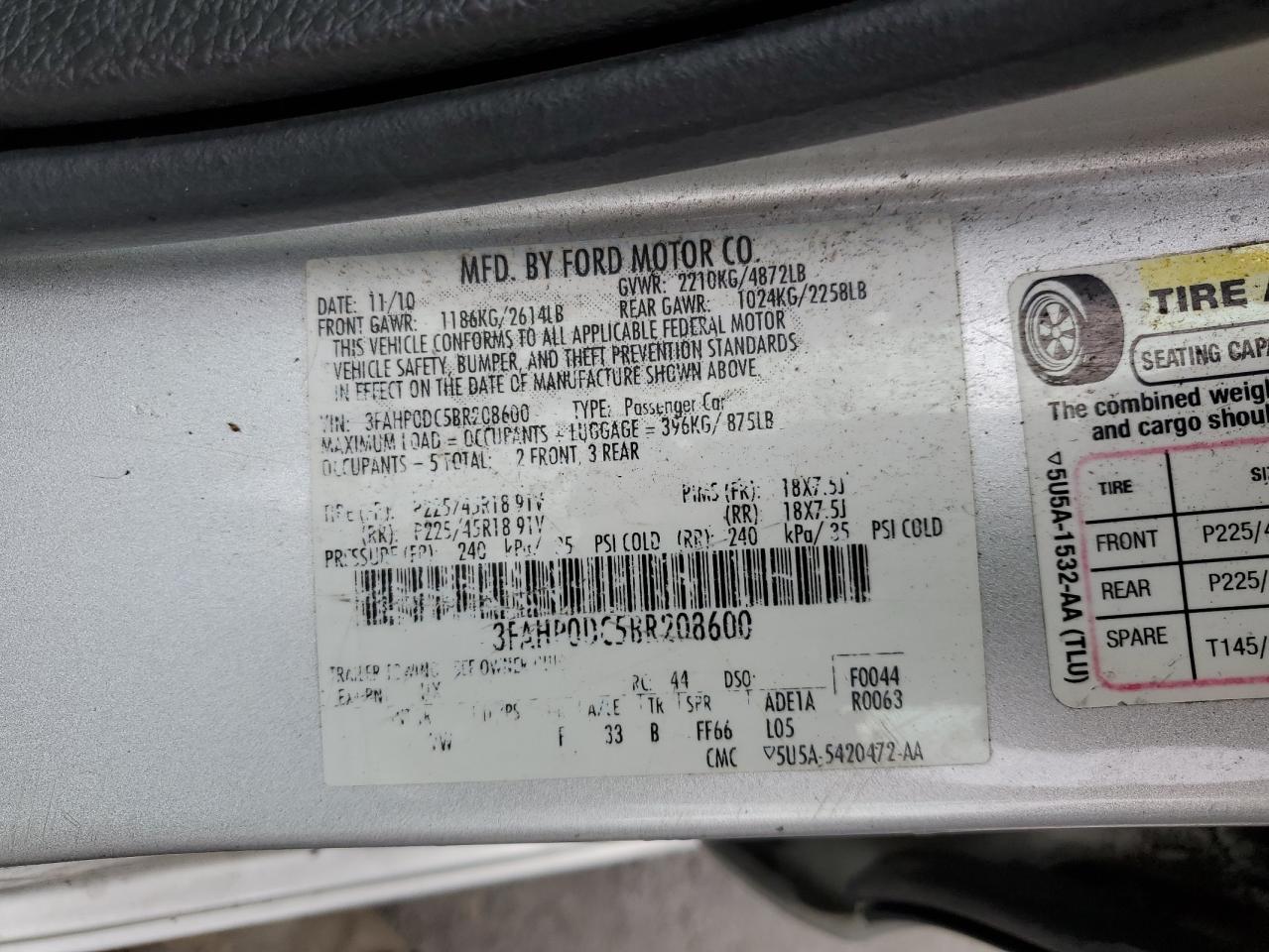 2011 Ford Fusion Sport VIN: 3FAHP0DC5BR208600 Lot: 65057784