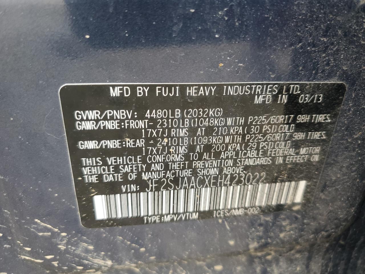 2014 Subaru Forester 2.5I VIN: JF2SJAACXEH423022 Lot: 61910424