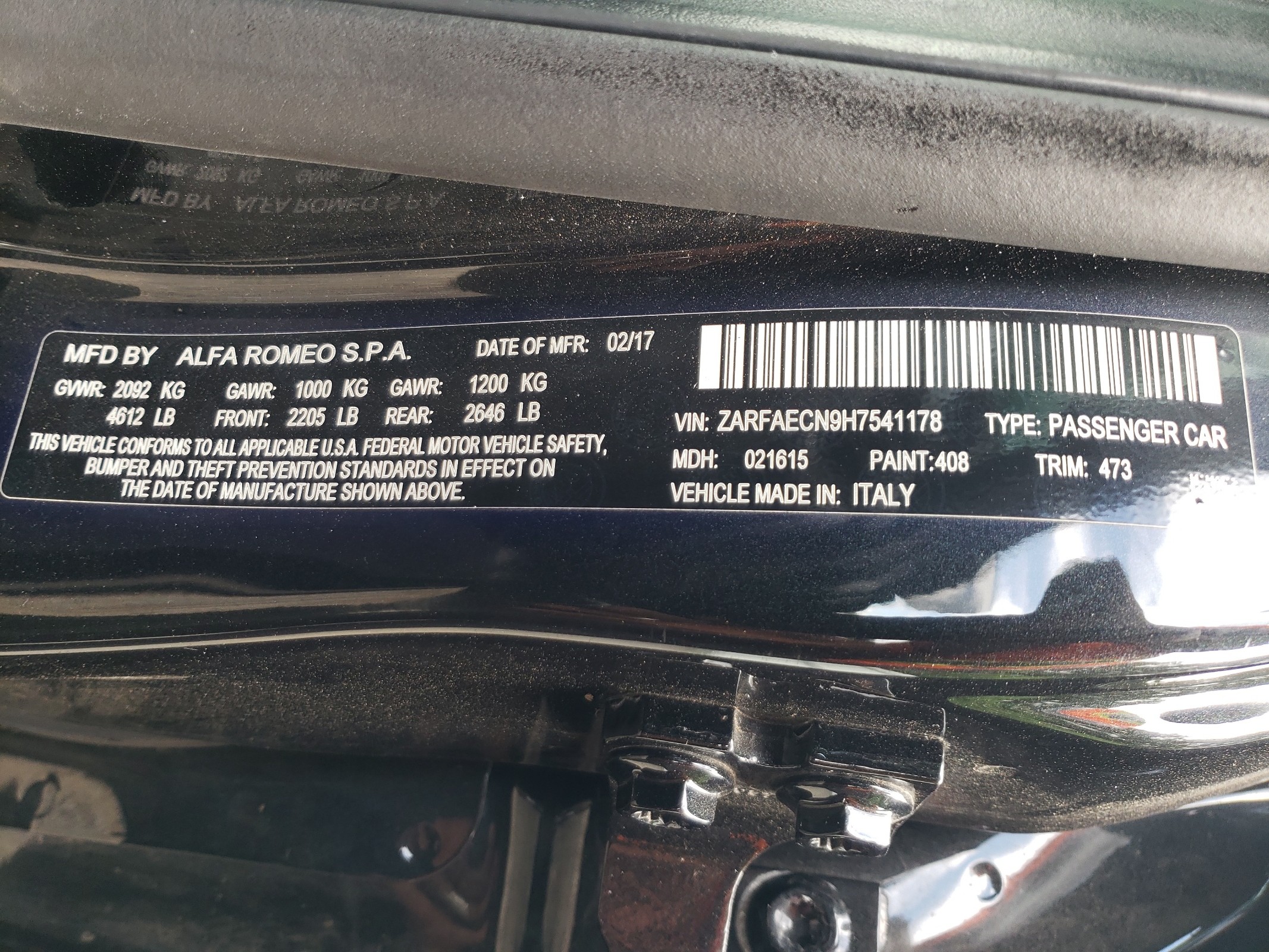 ZARFAECN9H7541178 2017 Alfa Romeo Giulia Ti