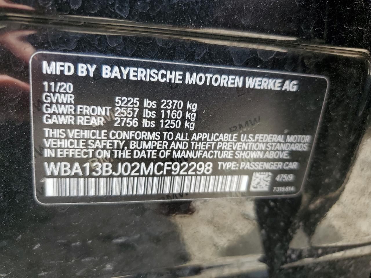 2021 BMW 530 Xi VIN: WBA13BJ02MCF92298 Lot: 62456414