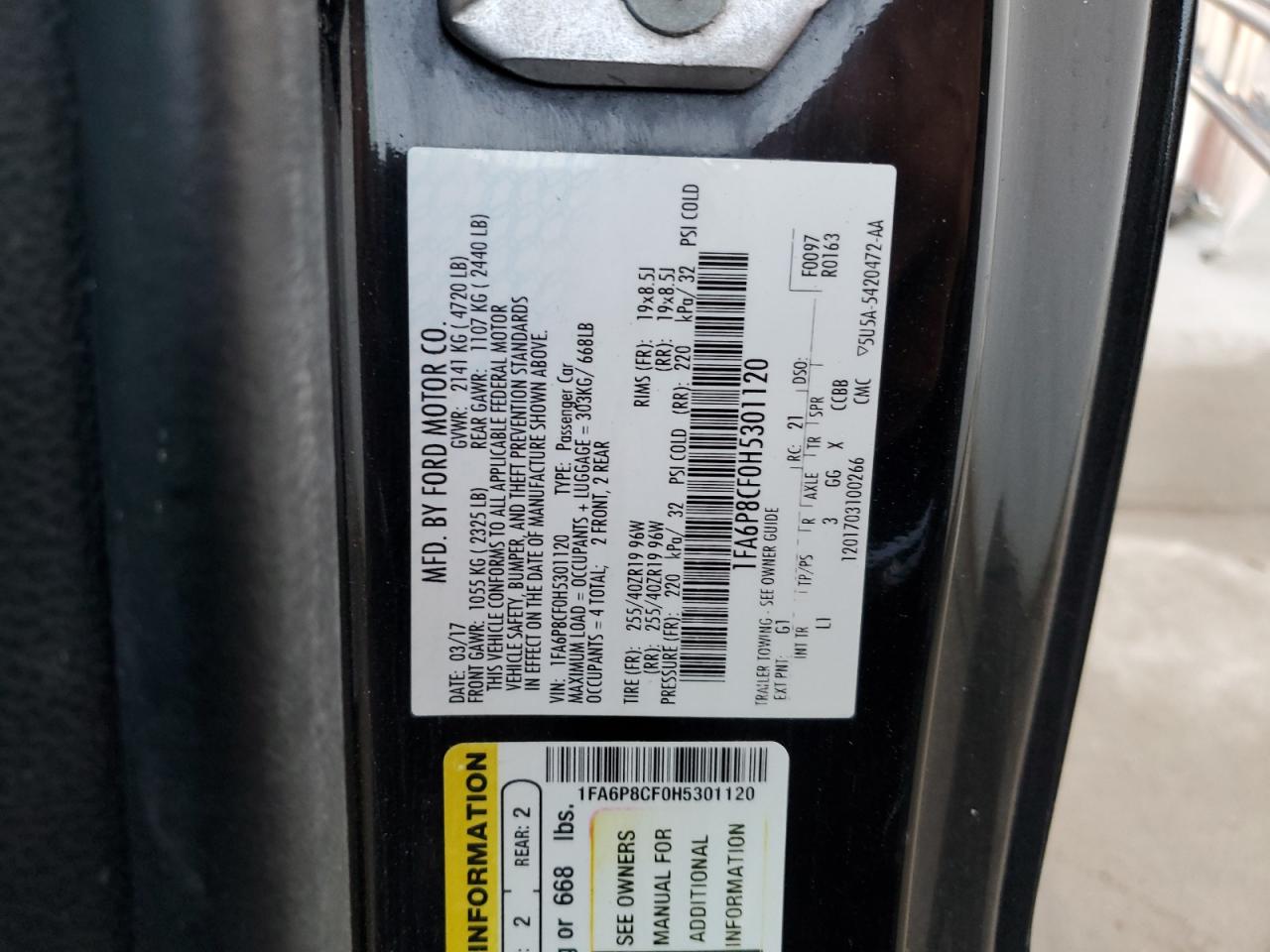 2017 Ford Mustang Gt VIN: 1FA6P8CF0H5301120 Lot: 63619524