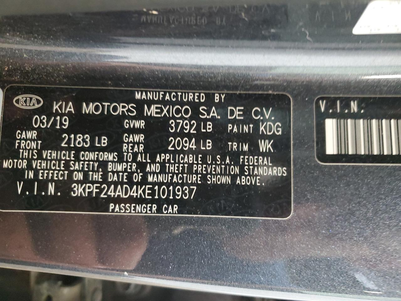 2019 Kia Forte Fe VIN: 3KPF24AD4KE101937 Lot: 61879484