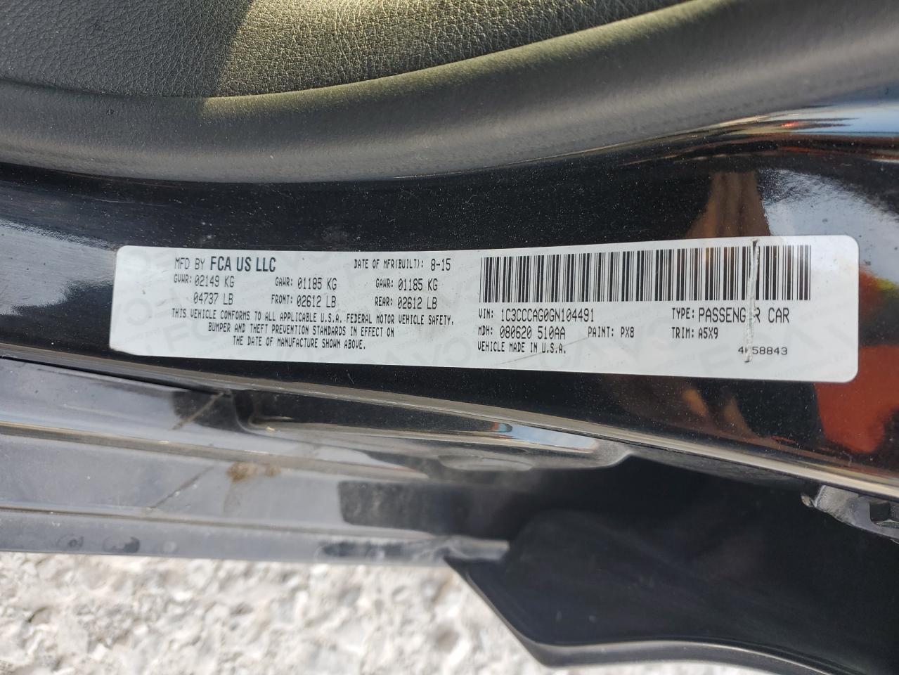 2016 Chrysler 200 Limited VIN: 1C3CCCAG0GN104491 Lot: 60078204