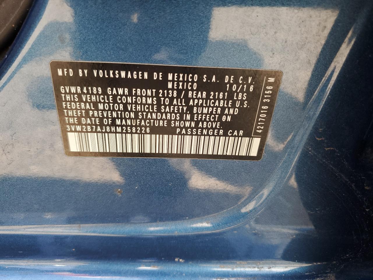 2017 Volkswagen Jetta S VIN: 3VW2B7AJ8HM258226 Lot: 64526004