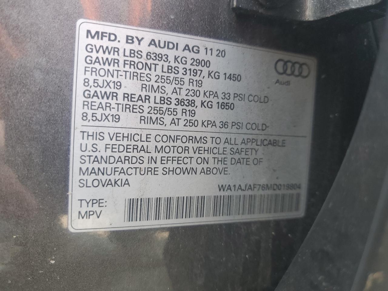 2021 Audi Q7 Premium VIN: WA1AJAF76MD019804 Lot: 62898654