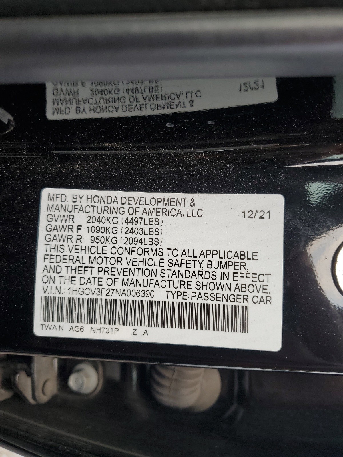 1HGCV3F27NA006390 2022 Honda Accord Hybrid Sport