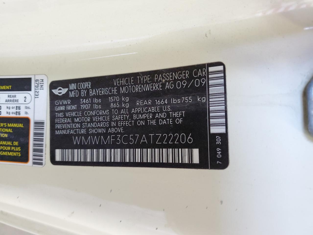 2010 Mini Cooper VIN: WMWMF3C57ATZ22206 Lot: 63657634