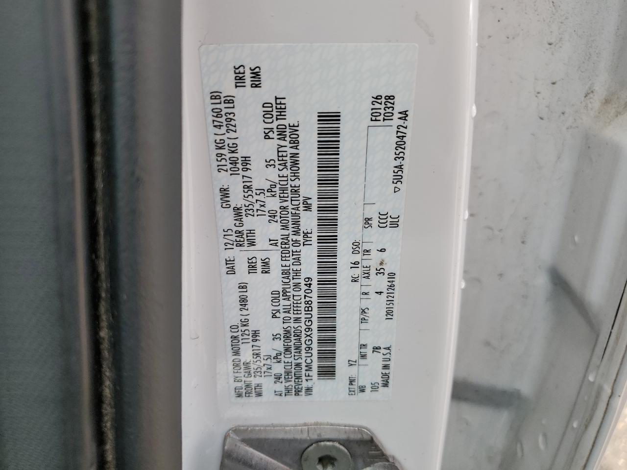 2016 Ford Escape Se VIN: 1FMCU9GX9GUB87049 Lot: 63652334