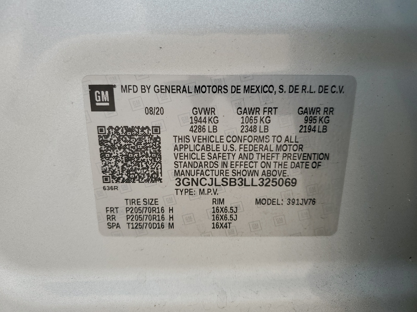 3GNCJLSB3LL325069 2020 Chevrolet Trax 1Lt