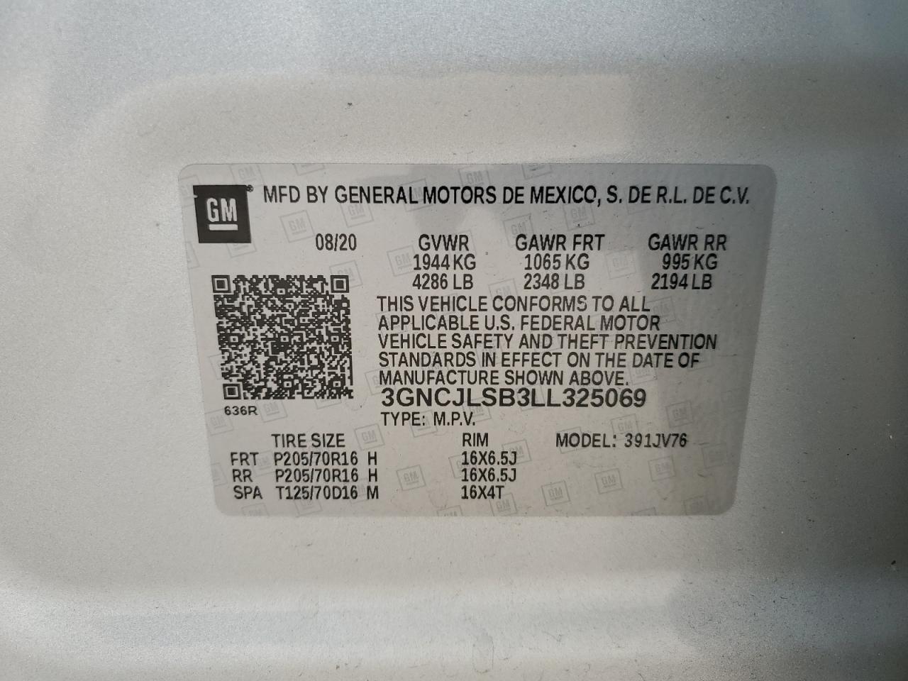 2020 Chevrolet Trax 1Lt VIN: 3GNCJLSB3LL325069 Lot: 62658704