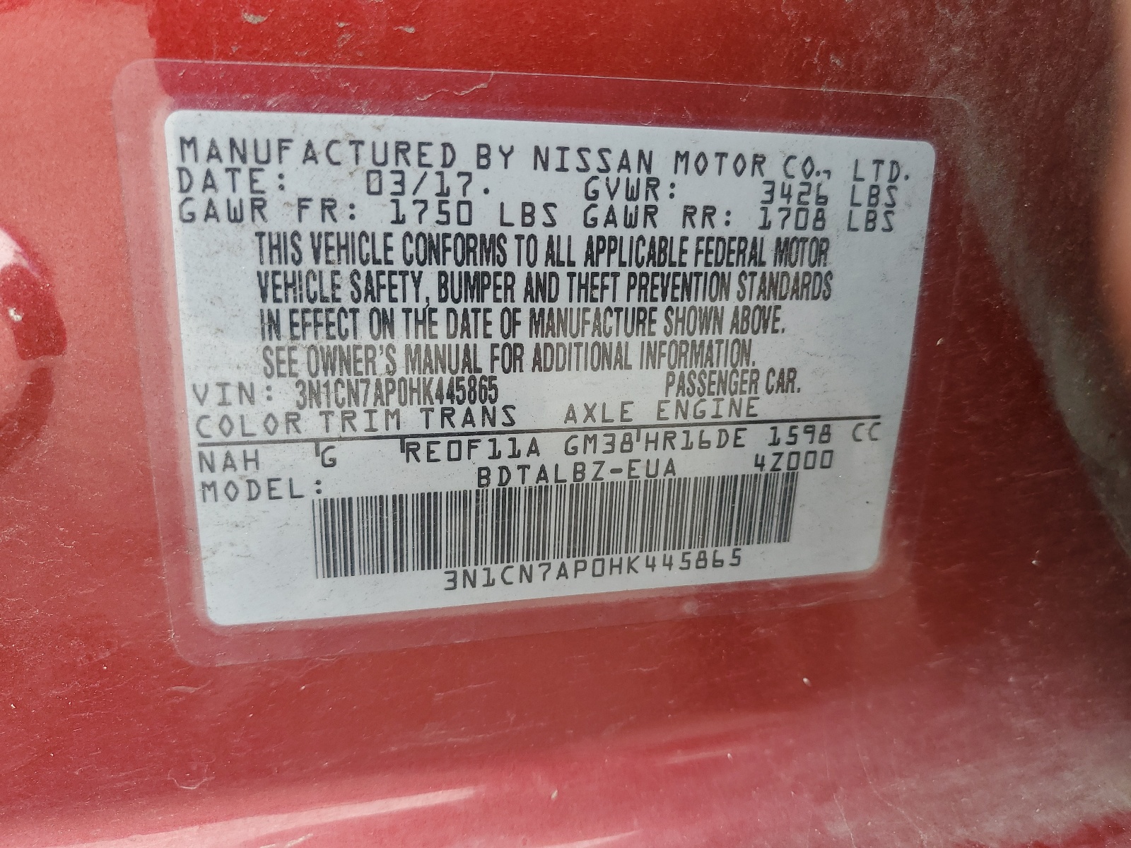 3N1CN7AP0HK445865 2017 Nissan Versa S