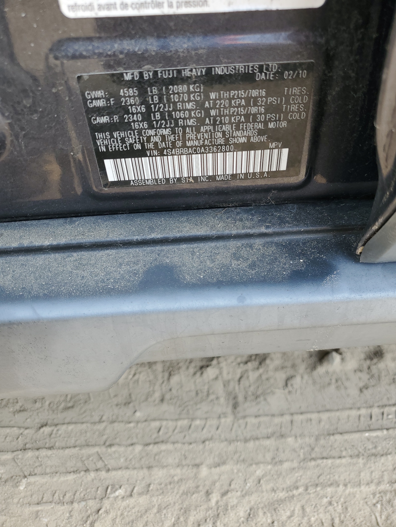 4S4BRBAC0A3362800 2010 Subaru Outback 2.5I