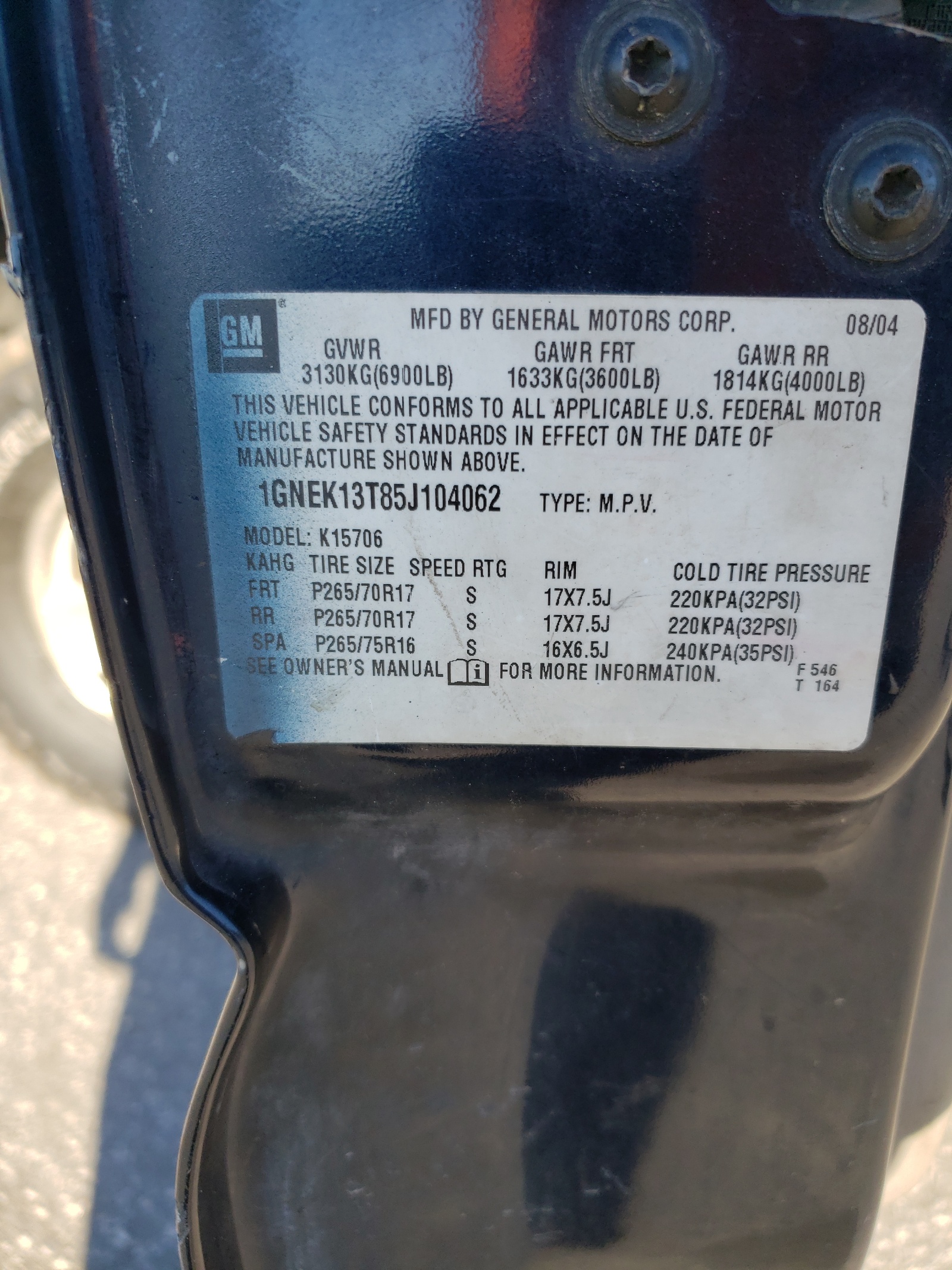 1GNEK13T85J104062 2005 Chevrolet Tahoe K1500