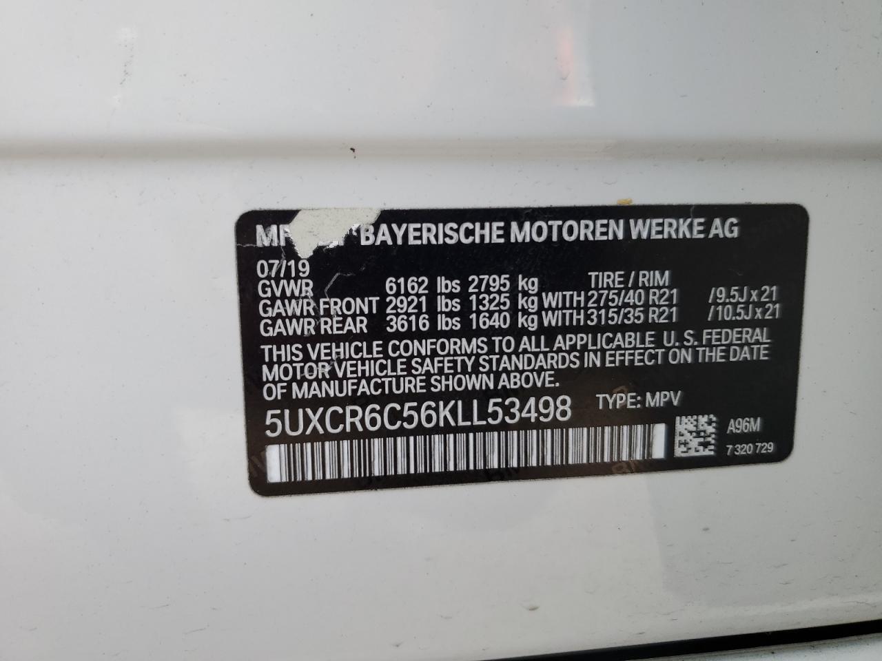 2019 BMW X5 xDrive40I VIN: 5UXCR6C56KLL53498 Lot: 63984234