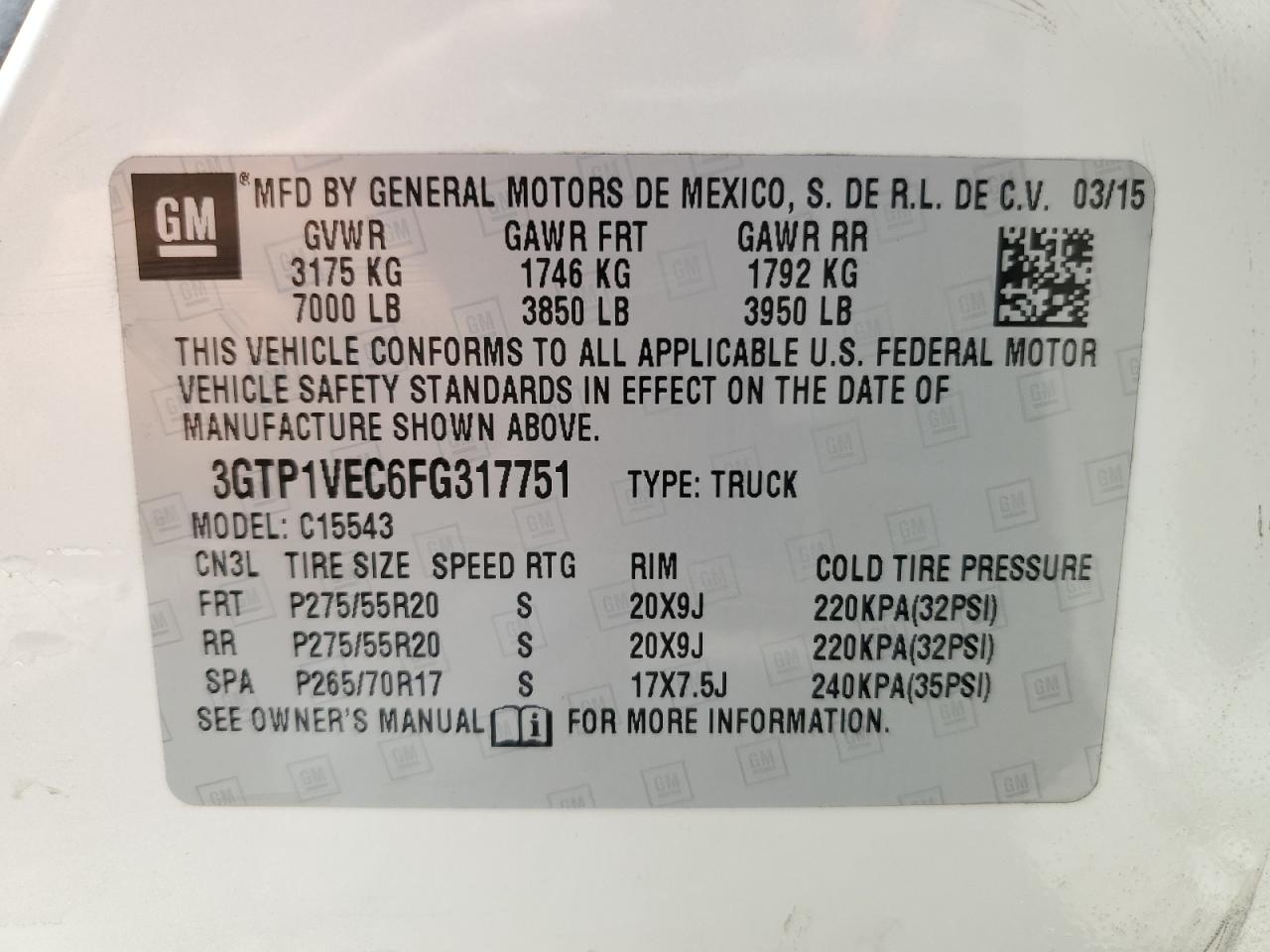 3GTP1VEC6FG317751 2015 GMC Sierra C1500 Slt