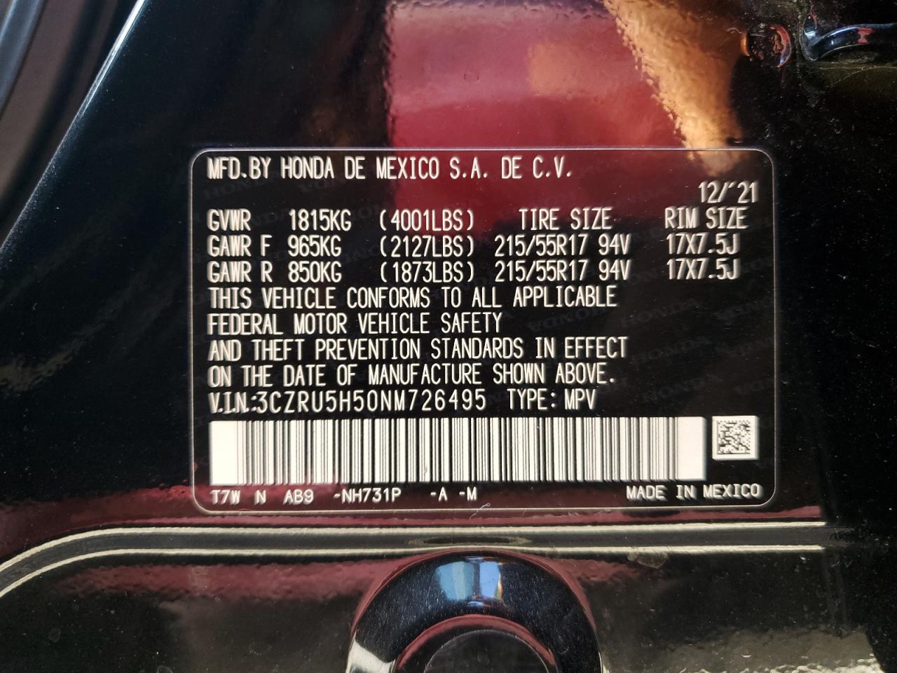 2022 Honda Hr-V Ex VIN: 3CZRU5H50NM726495 Lot: 60682484