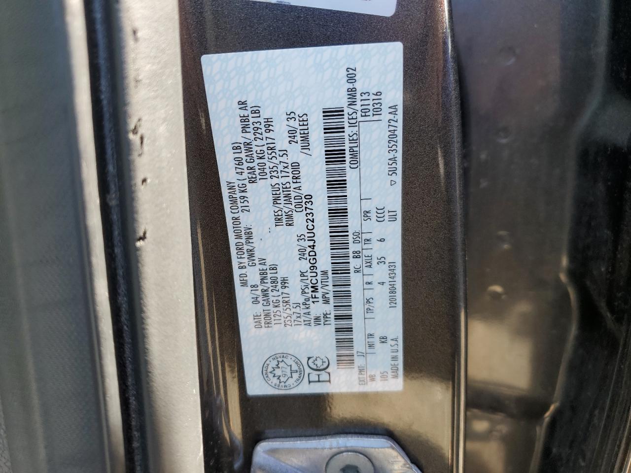 2018 Ford Escape Se VIN: 1FMCU9GD4JUC23730 Lot: 64656344