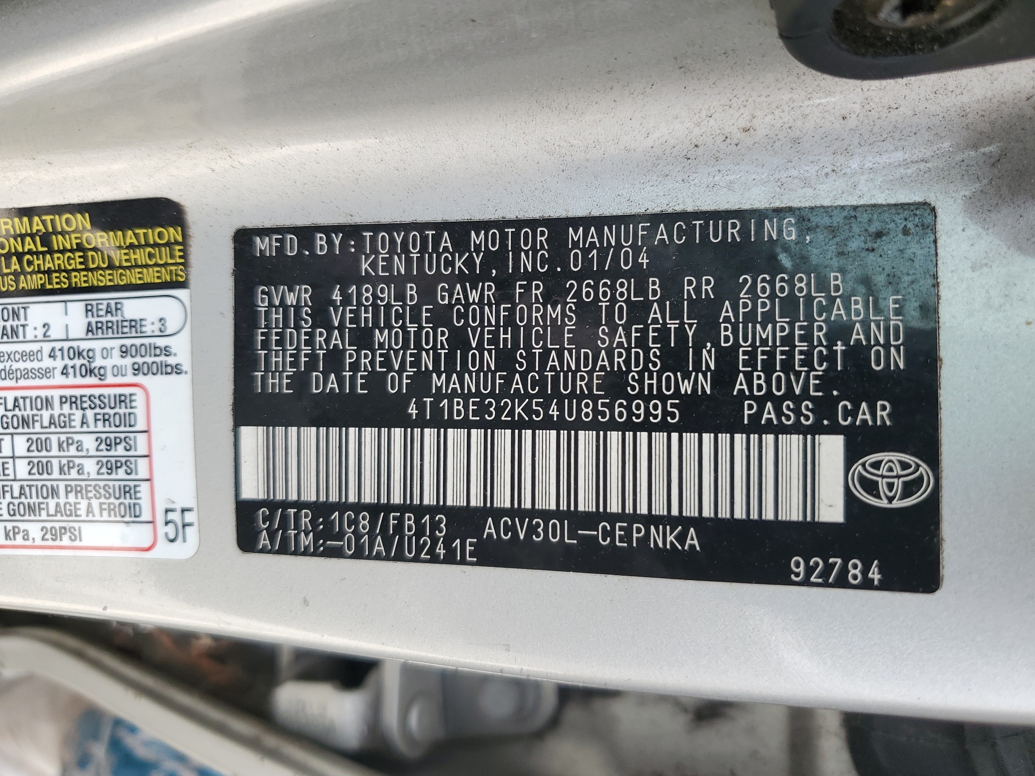 4T1BE32K54U856995 2004 Toyota Camry Le