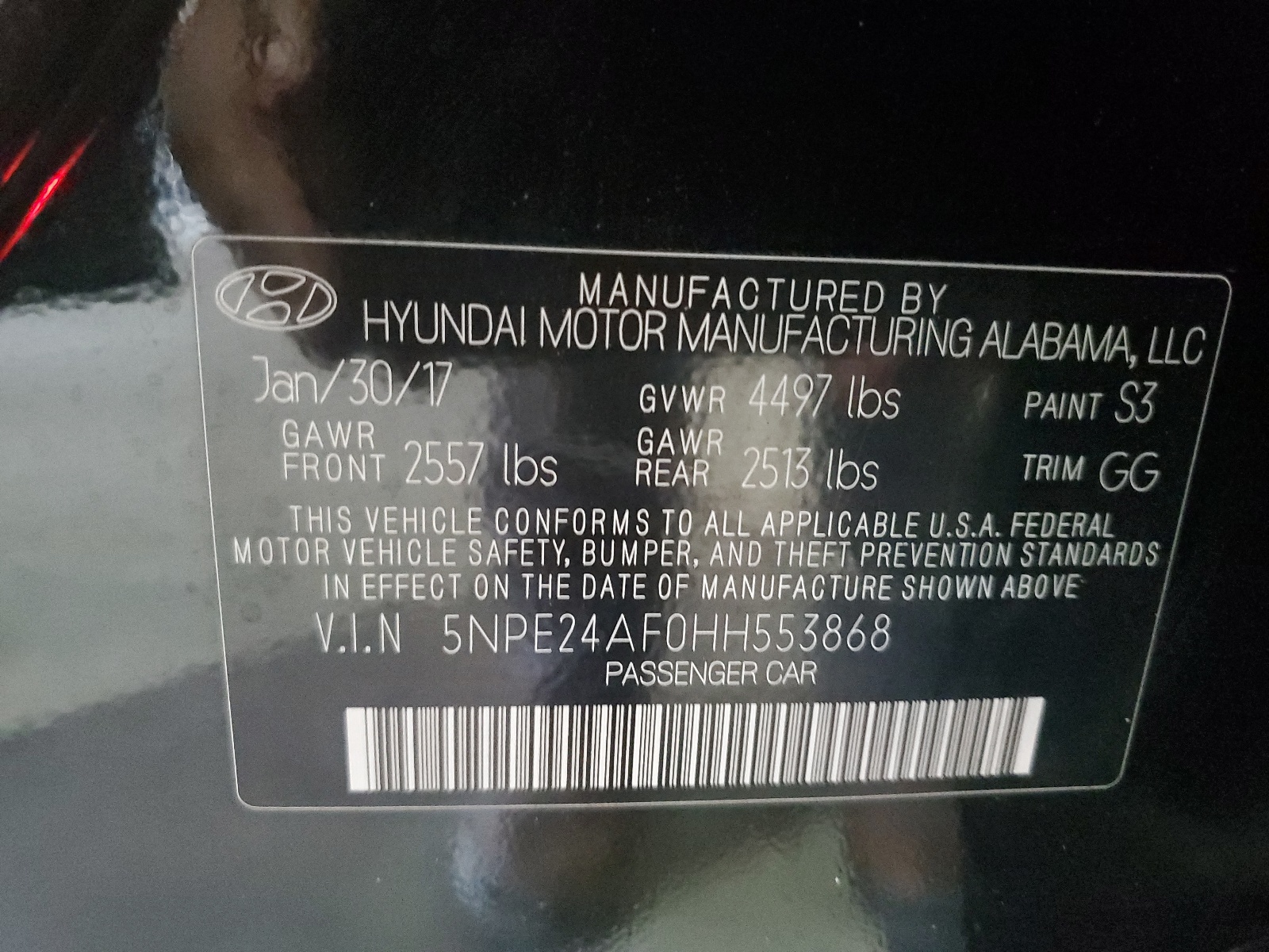 5NPE24AF0HH553868 2017 Hyundai Sonata Se