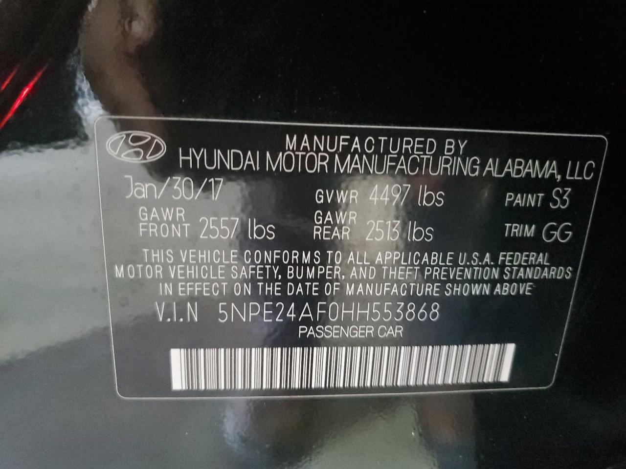 2017 Hyundai Sonata Se VIN: 5NPE24AF0HH553868 Lot: 64394564