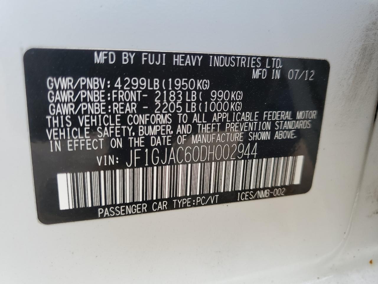 2013 Subaru Impreza Premium VIN: JF1GJAC60DH002944 Lot: 61086934