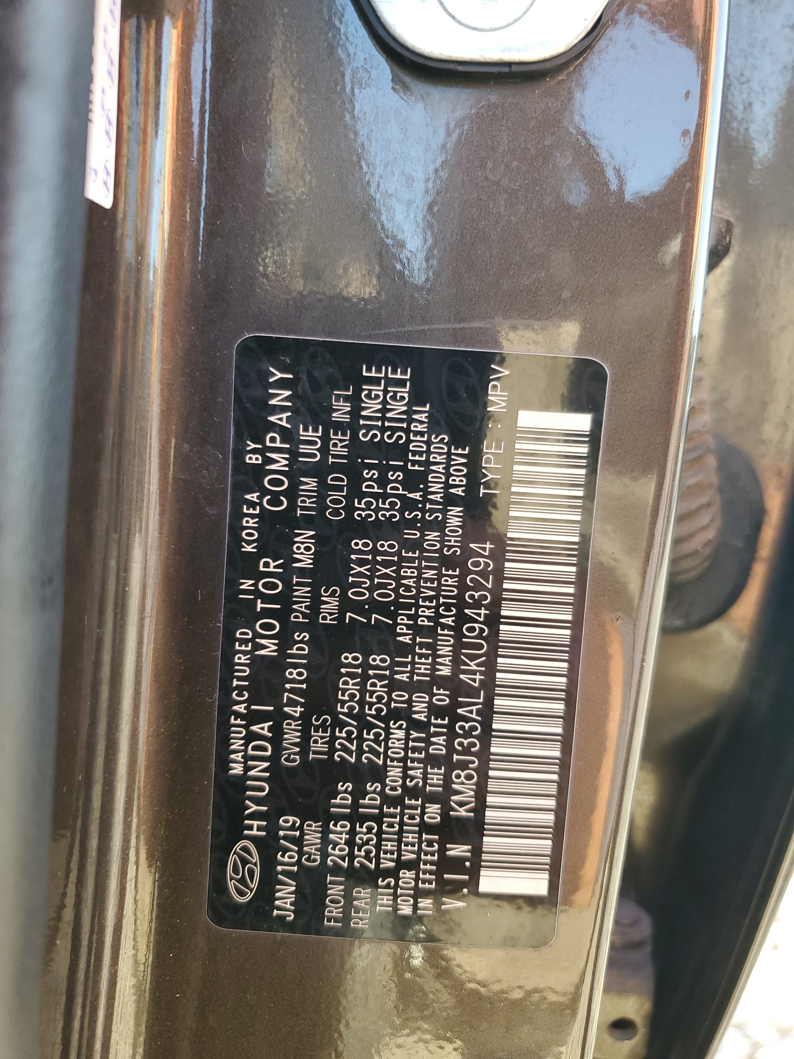 KM8J33AL4KU943294 2019 Hyundai Tucson Limited