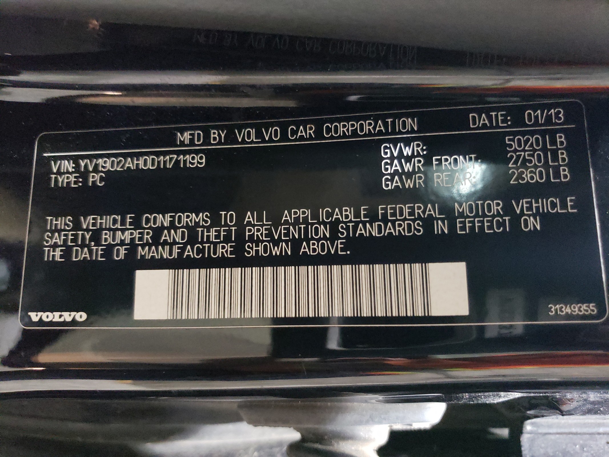 2013 Volvo S80 T6 vin: YV1902AH0D1171199